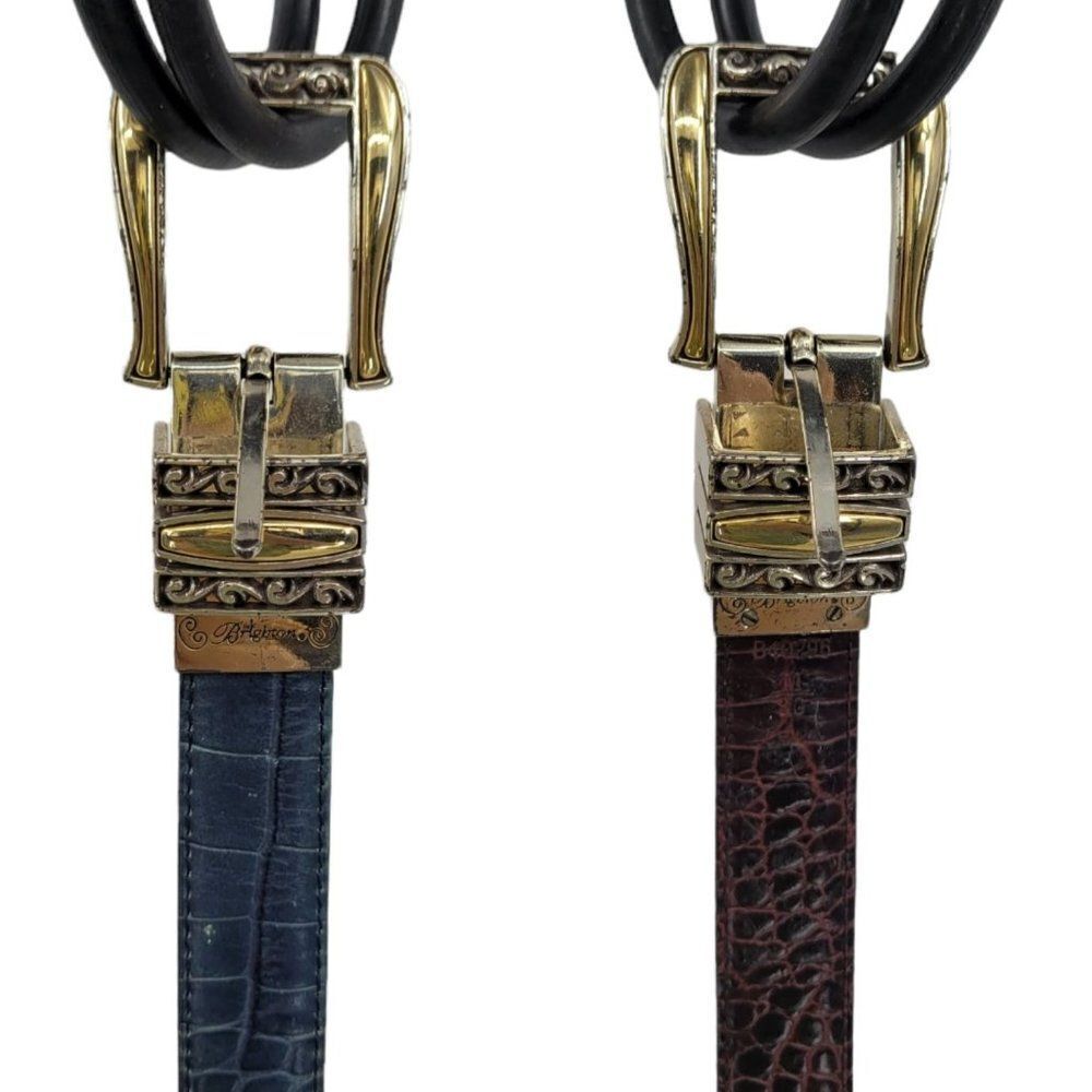 Vtg 80's Brighton Belt Leather Reversible‎ Blue Burgundy 1" Silver Sz S 29"